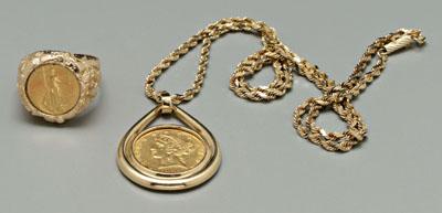 Appraisal: Two pieces U S gold coin jewelry Liberty gold piece