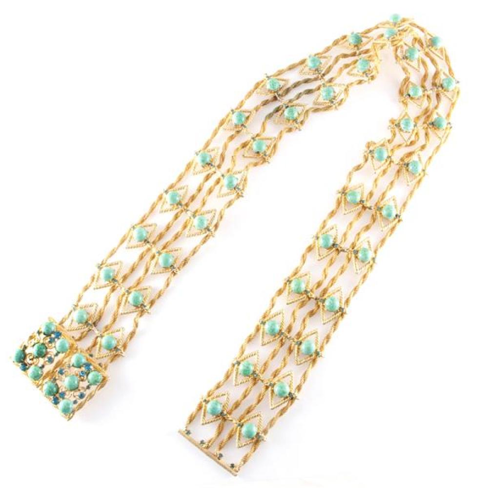 Appraisal: UNSIGNED SCHREINER GOLD TONE MESH AND FILIGREE BELT WITH JADEITE