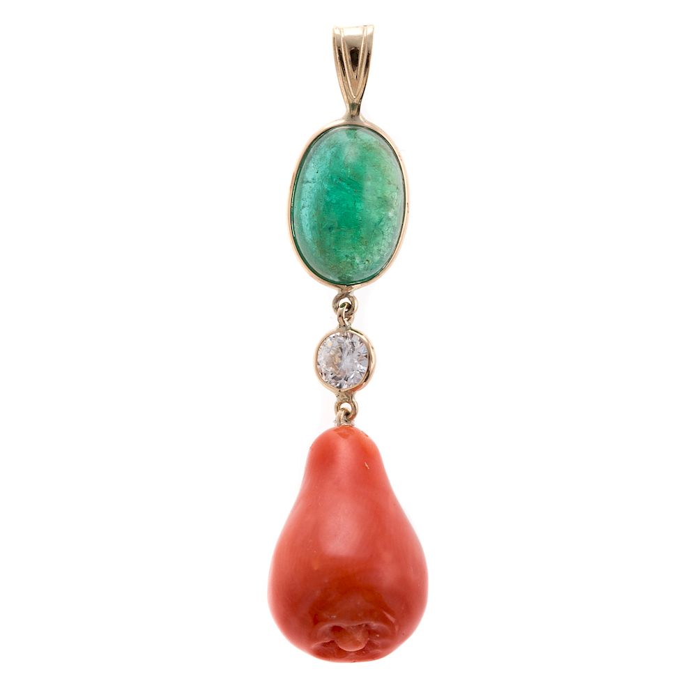 Appraisal: An Ladies Emerald and Coral Pendant in K Gold K