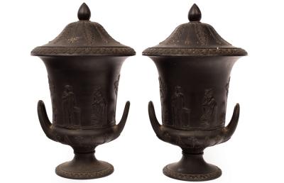 Appraisal: A pair of early th Century Wedgwood black basalt twin-handled