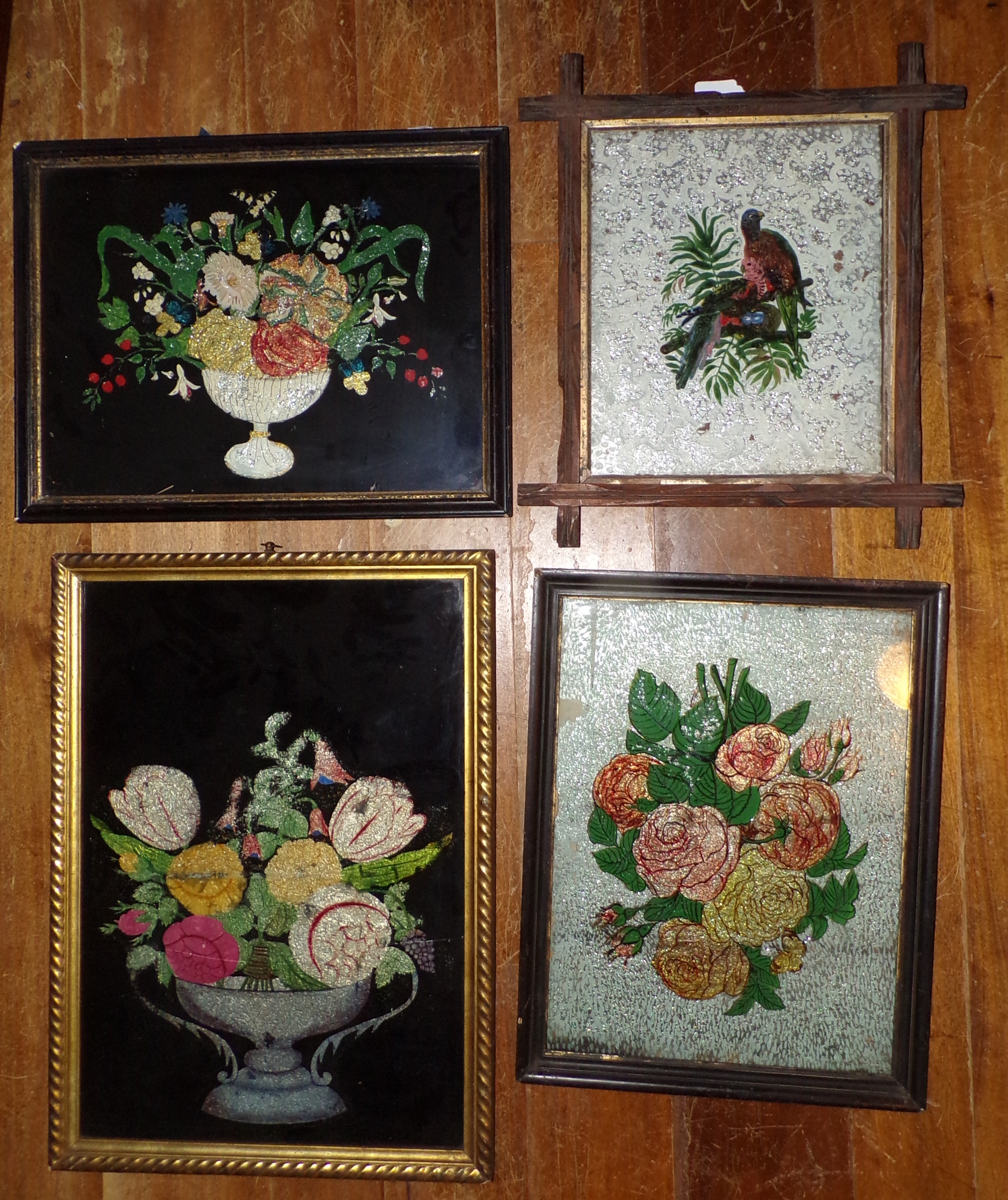 Appraisal: Reverse painted and foil framed pictures- Floral Still-Life glass cracked