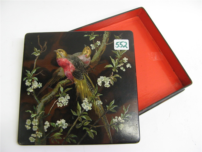 Appraisal: A DECOUPAGE LACQUERED TRINKET BOX decorated with two birds and