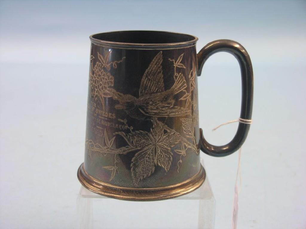 Appraisal: A silver tankard tapering cylindrical shape engraved leafage and inscription