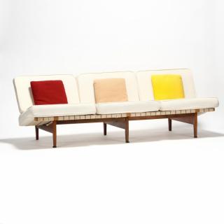 Appraisal: Lewis Butler Sofa Knoll s maple and walnut linen webbing