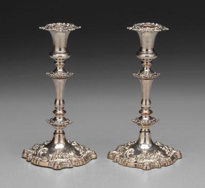 Appraisal: Pair silver-plated candlesticks shell and scroll decoration unmarked possibly Old