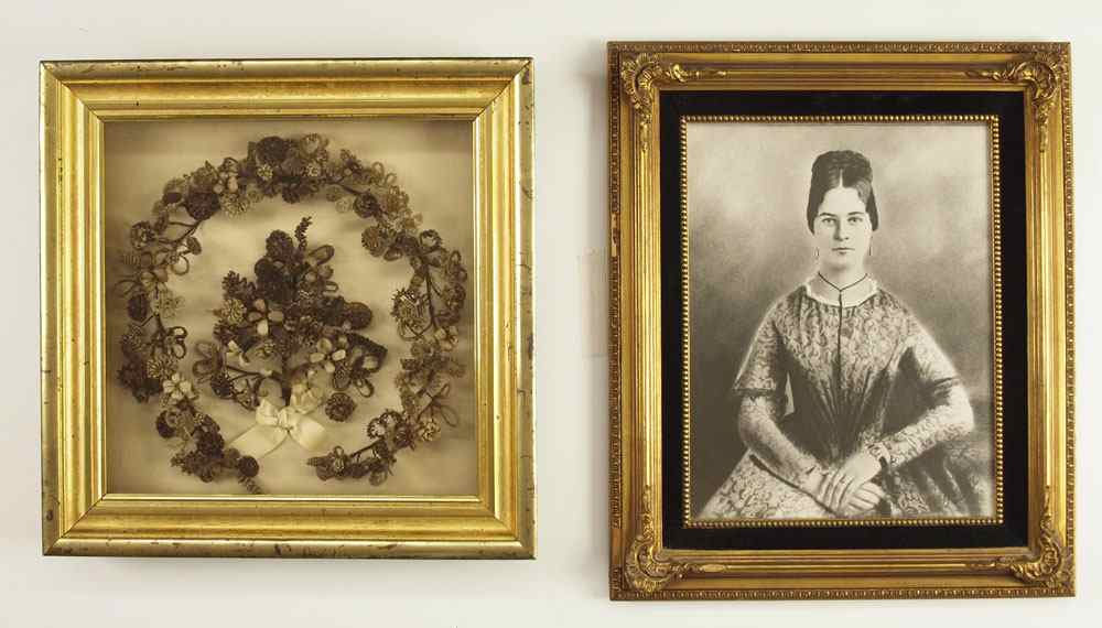 Appraisal: VICTORIAN HAIR WREATH WITH PHOTO Shadowbox framed hair wreath with