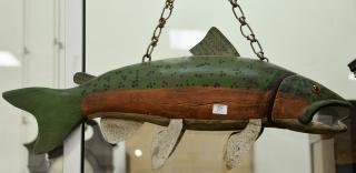 Appraisal: Large painted wood and sheet iron carved fish decoy having