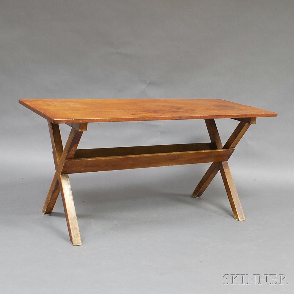 Appraisal: Grain-painted Pine Sawbuck Table with single-board rectangular top mustard and