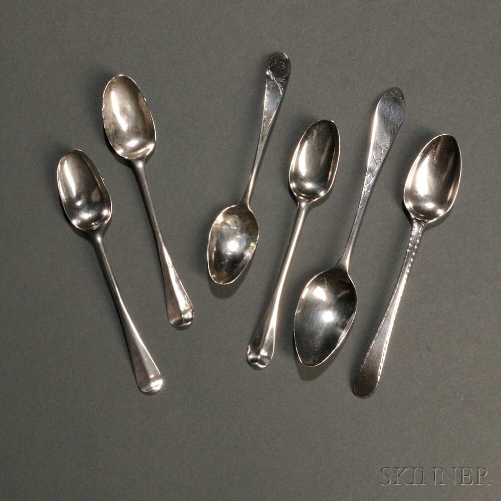 Appraisal: Six Coin Silver Teaspoons th century one with upturned rounded