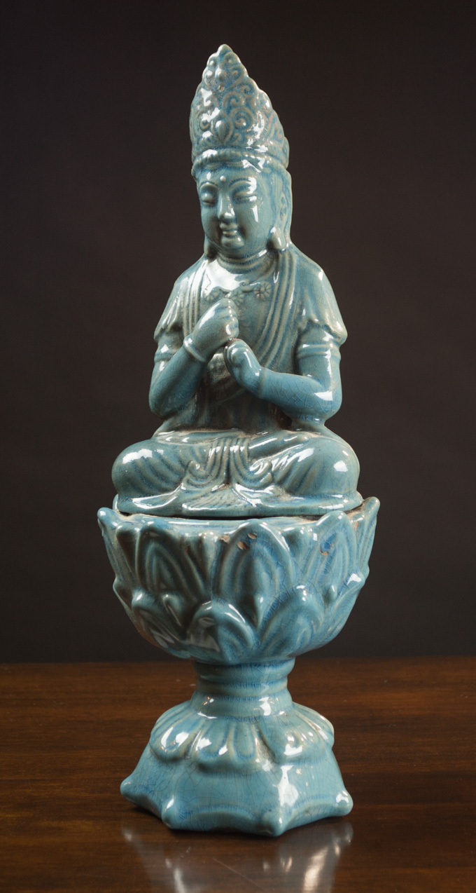 Appraisal: CHINESE SONG STYLE GUANYIN the pottery figure with blue green