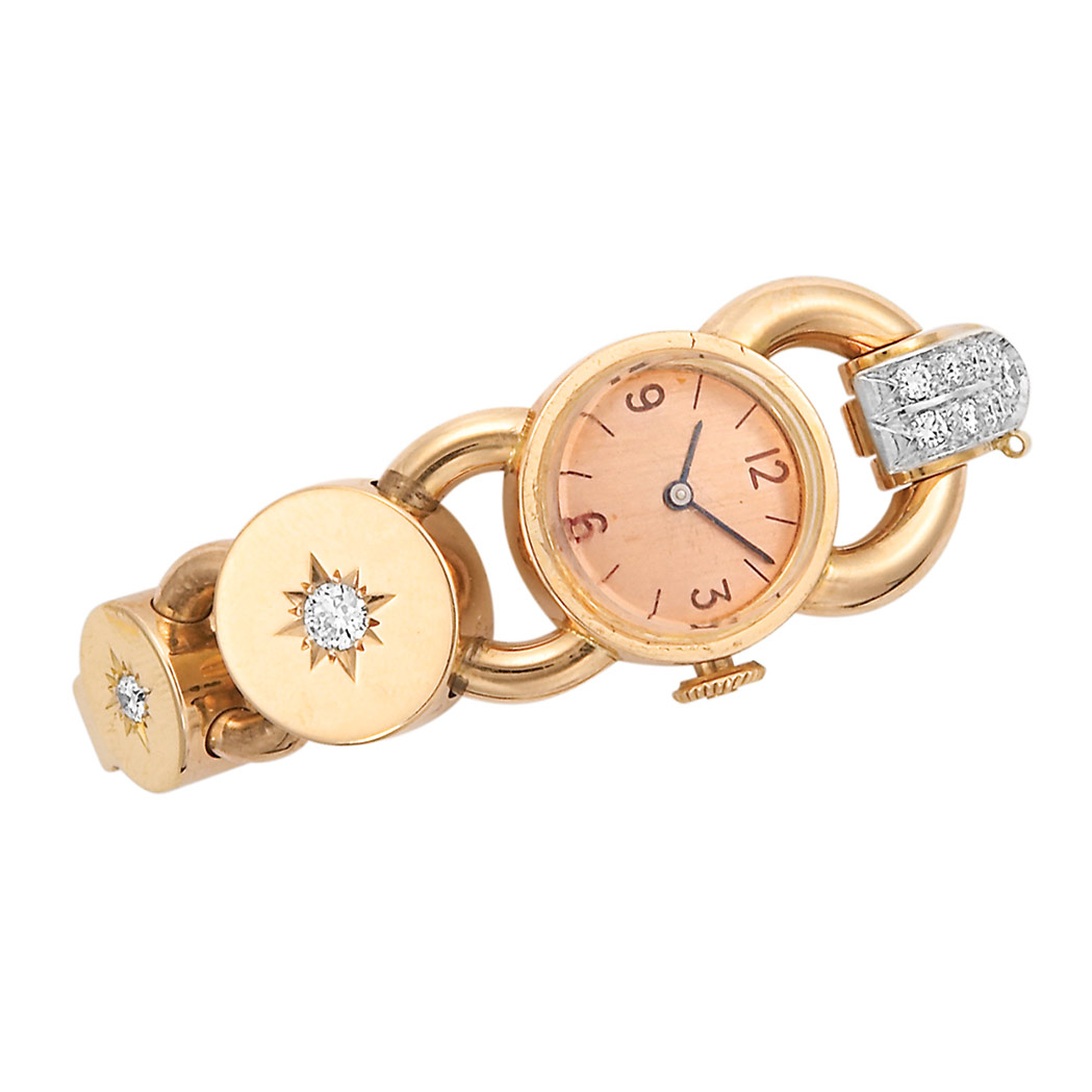 Appraisal: Gold and Diamond Wristwatch Hermes kt mechanical centering a rose-tone