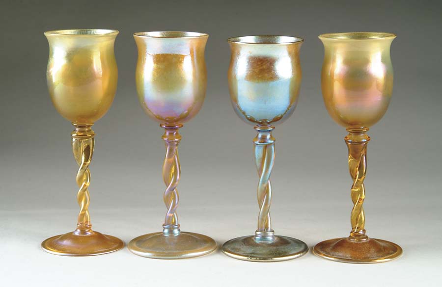 Appraisal: FOUR TIFFANY WINE GLASSES Rare set of four gold Favrile