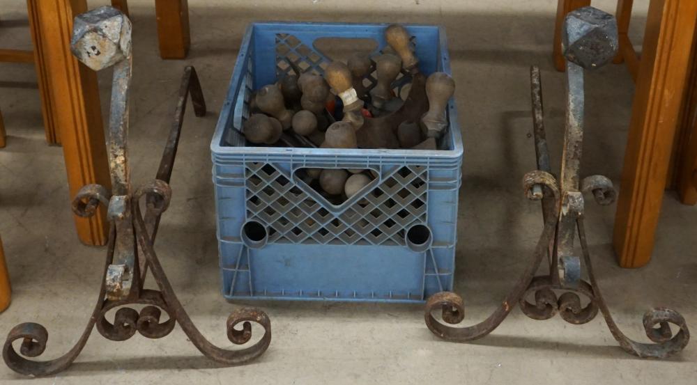 Appraisal: PAIR OF WROUGHT IRON ANDIRONS AND A GROUP OF ASSORTED