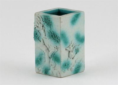 Appraisal: A Chinese square-sectioned brushpot moulded with a deer a crane