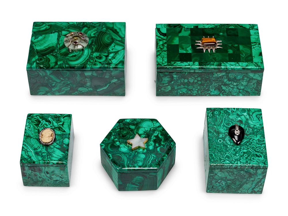 Appraisal: A Group of Five Jeweled Malachite Boxes A Group of