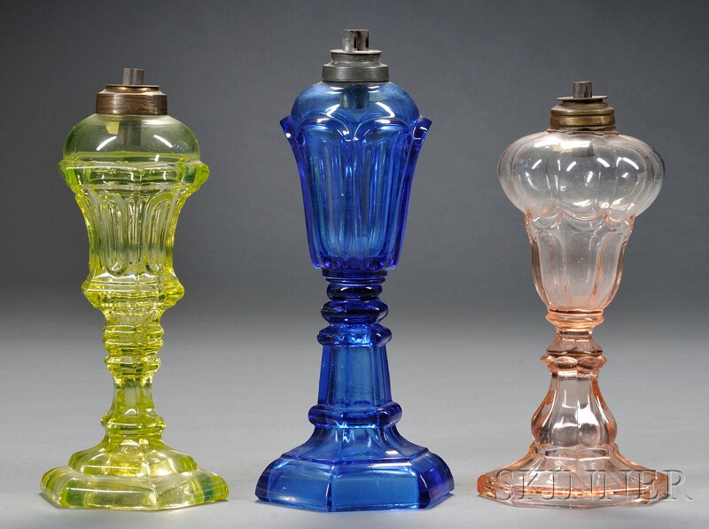 Appraisal: Three Colored Pressed Glass Whale Oil Lamps probably New England