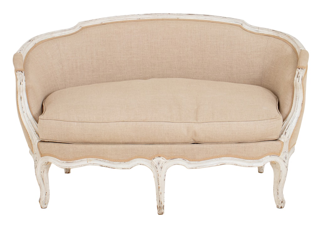 Appraisal: LOUIS XV STYLE SMALL SOFA EN CABRIOLET Louis XV lime-washed