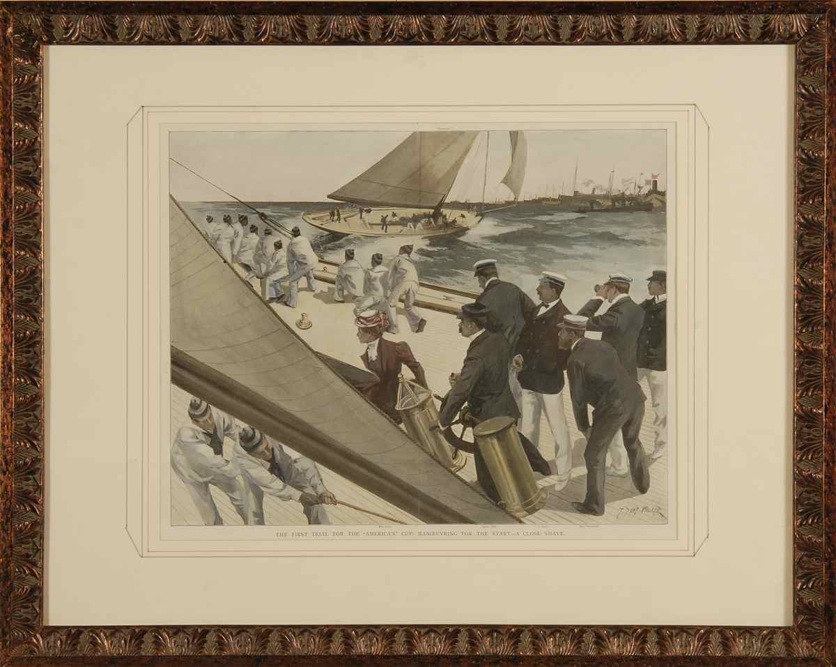 Appraisal: FRAMED HAND-COLORED LITHOGRAPH th CenturyDepicting an America's Cup race x