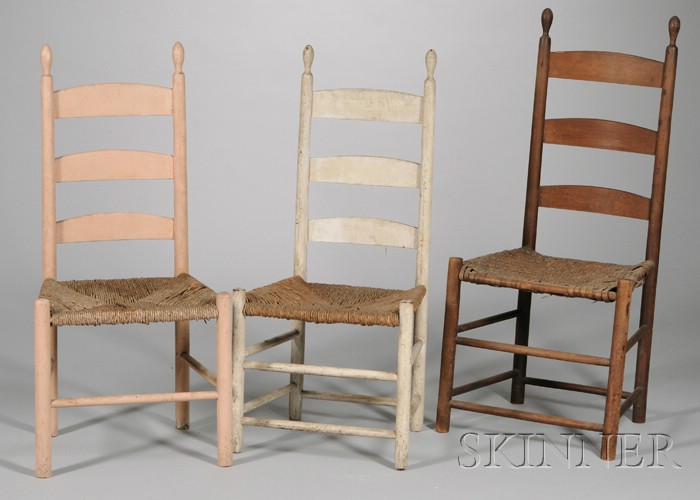 Appraisal: Three Shaker Slat-back Side Chairs two painted with woven rush