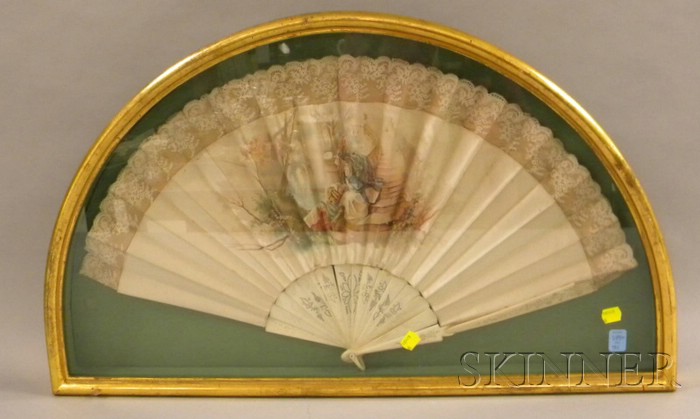 Appraisal: th Century Framed Ivory-Handled Fan in gilt-edged cabinet damage to