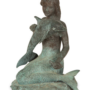 Appraisal: A Chinese Bronze Sculpture of a Mermaid with Dolphin th