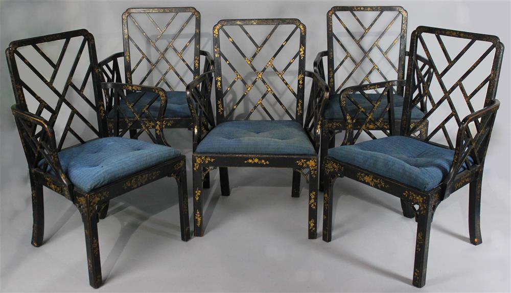 Appraisal: SET OF FIVE CHINESE CHIPPENDALE STYLE PAINT DECORATED CHAIRS late