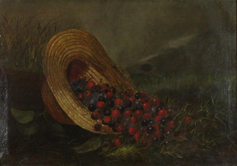 Appraisal: AMERICAN SCHOOL TH CENTURY STRAW HAT WITH CHERRIES Oil on