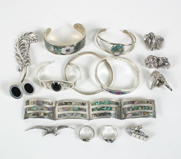 Appraisal: Mexican sterling silver assorted jewelry pc includes Taxco abalone link