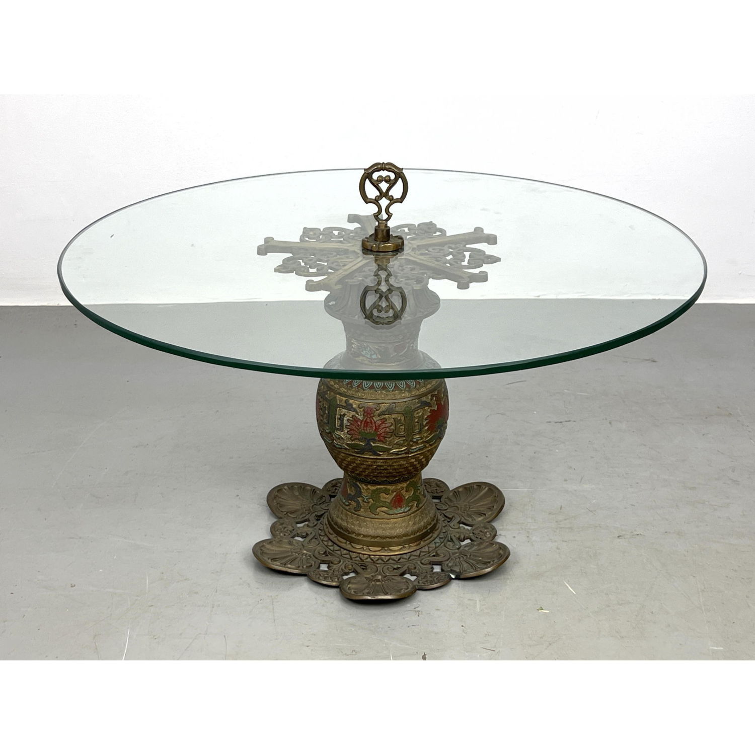 Appraisal: Glass Top Enamel Brass Base Side Table Highly decorative metal