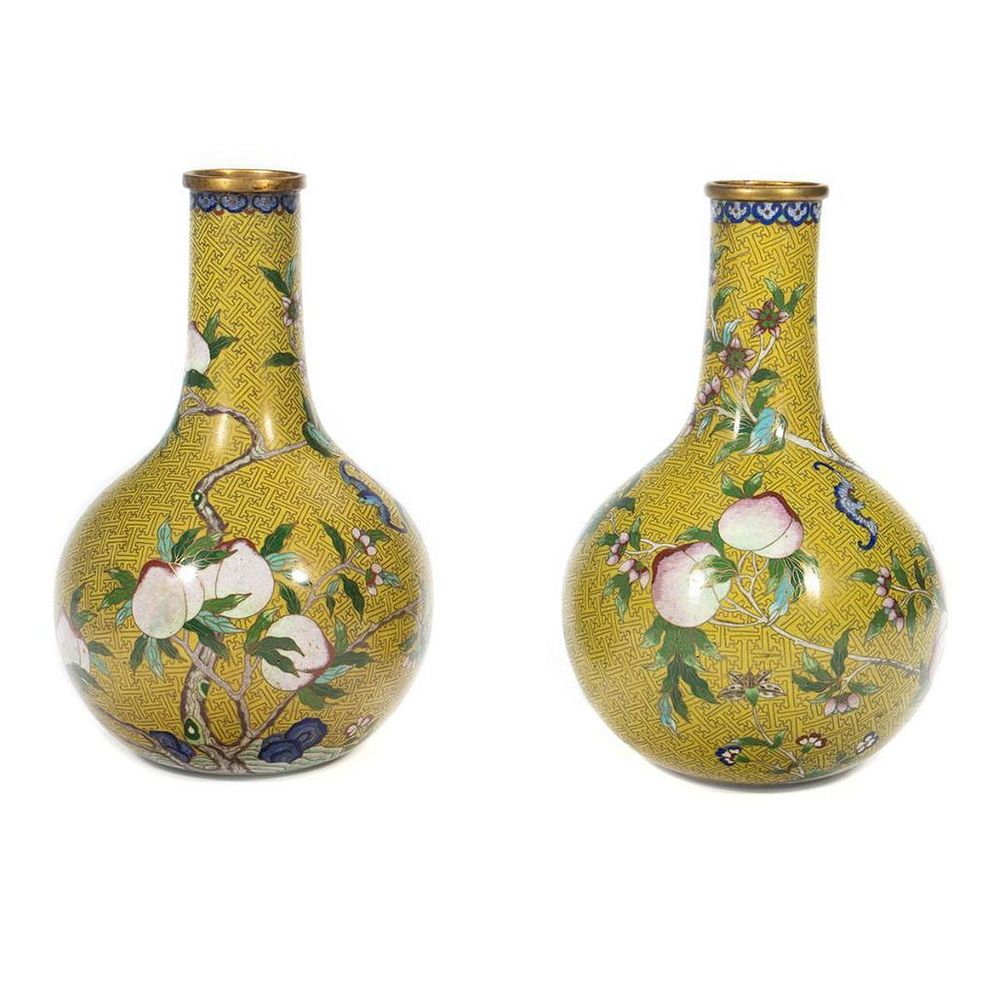 Appraisal: Pair Chinese Cloisonne Vases Decorated with fruited and floral vines