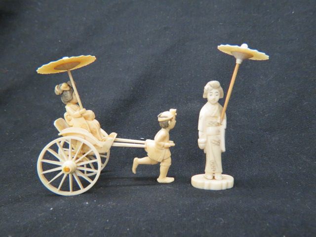 Appraisal: pcs Carved Ivory Rickshaw and lady with parasol