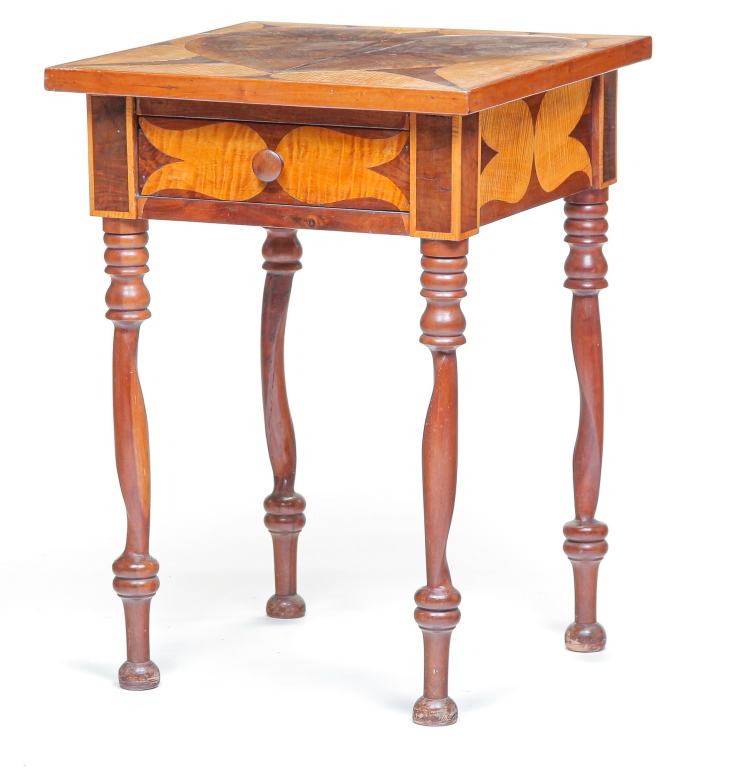 Appraisal: AMERICAN INLAID STAND Mid th- th century cherry walnut and