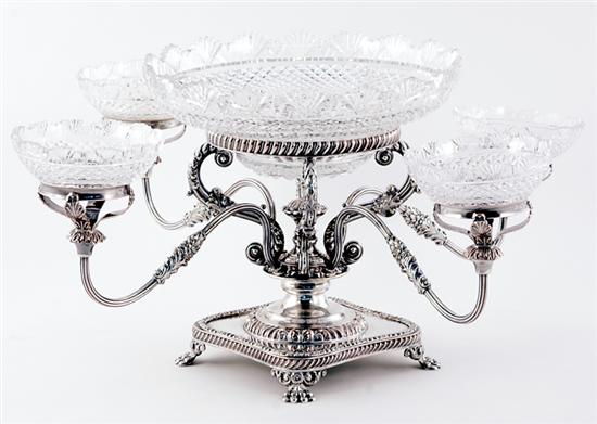 Appraisal: Regency style silverplate epergne scalloped and cut-glass bowls supported in