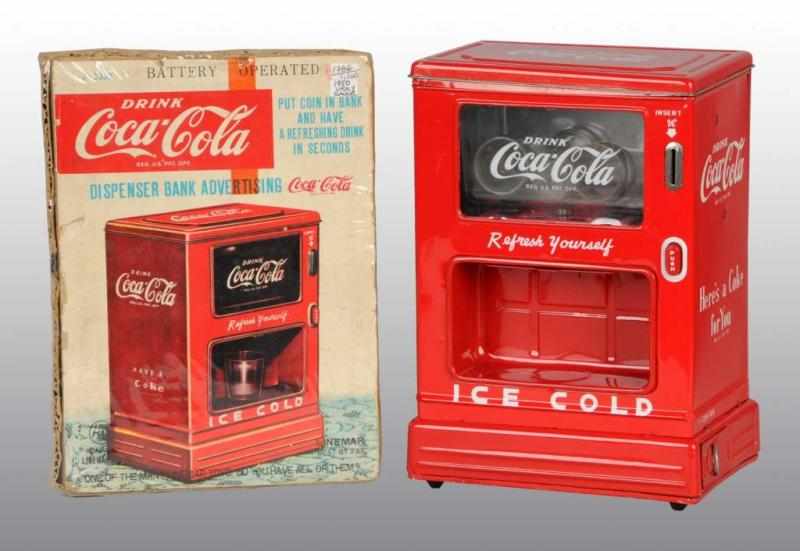 Appraisal: Tin Coca-Cola Dispenser Bank Battery-Op Toy Description Japanese Working Made