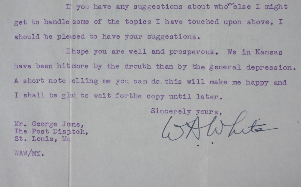 Appraisal: WILLIAM ALLEN WHITE TYPED LETTER SIGNED - Fascinating Letter discussing