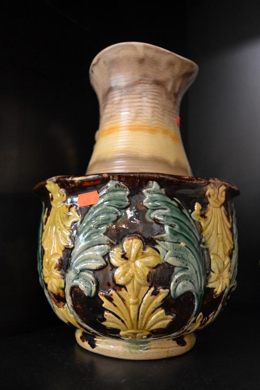 Appraisal: SHORTER ENGLAND PITCHER AND MAJOLICA JARDINIERE