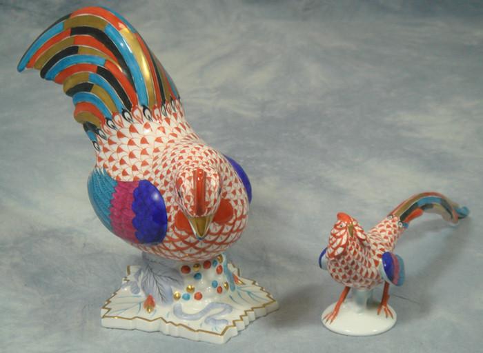 Appraisal: Herend polychrome rust fishnet pattern porcelain birds h rooster l