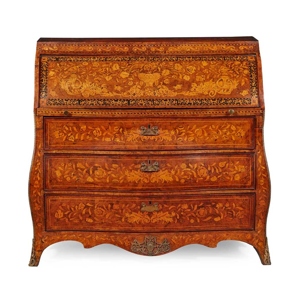 Appraisal: DUTCH WALNUT AND MARQUETRY BUREAU EARLY TH CENTURY of bomb