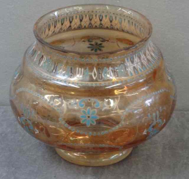 Appraisal: th C Enamel Decorated Iridescent Bowl Enamel decoration include possibly