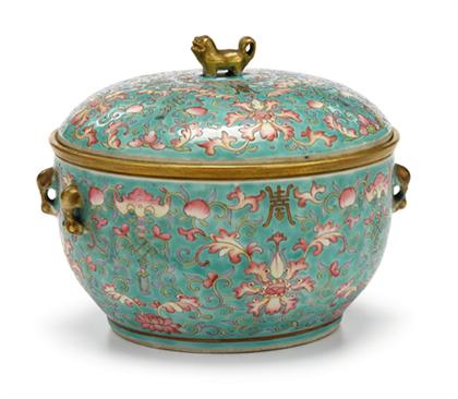 Appraisal: Fine Chinese turquoise ground and enameled porcelain jardiniere with insert