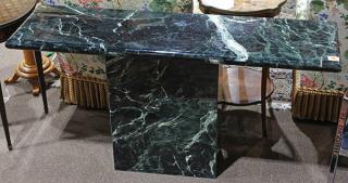 Appraisal: Moderne variegated green marble console table Moderne variegated green marble