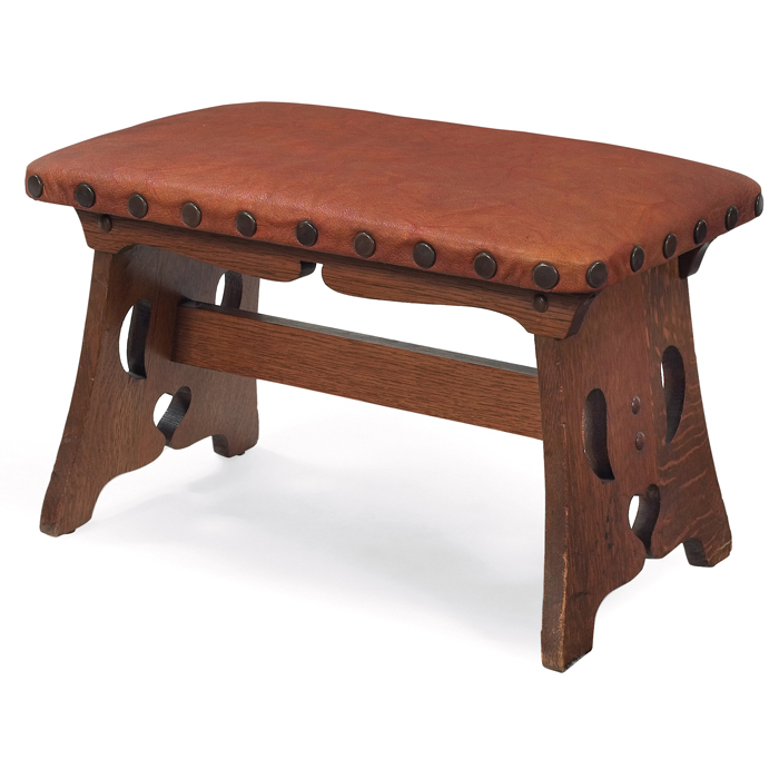 Appraisal: Limbert cricket stool recovered seat above slab sides with cut-out