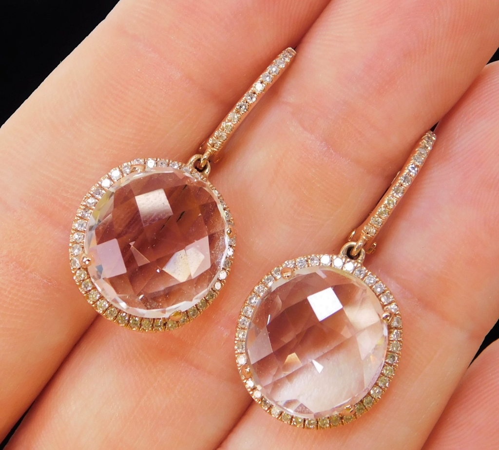 Appraisal: ESTATE K ROSE GOLD ROCK CRYSTAL DIAMOND EARRINGS United States