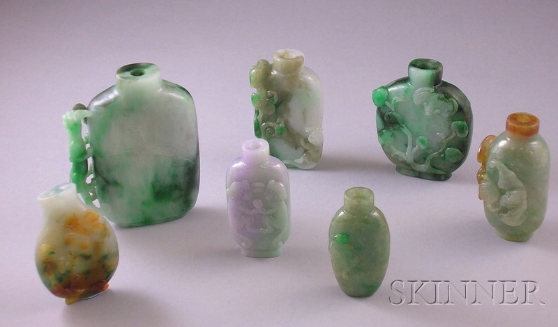 Appraisal: Seven Jade and Carved Stone Snuff Bottles green with dragon