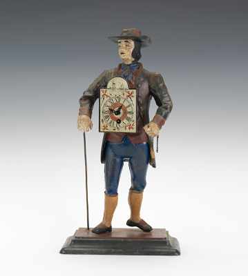 Appraisal: A Clock Peddler Figurative Clock Polychrome painted metal figure of