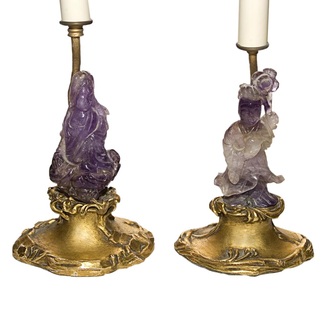 Appraisal: Two Chinese Hardstone Figures Each mounted as a lamp Height