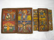 Appraisal: A carved teak Ethiopian triptych opening to reveal painted images