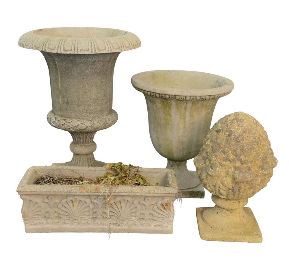 Appraisal: Four Cement Outdoor Ornaments to include two round urns one