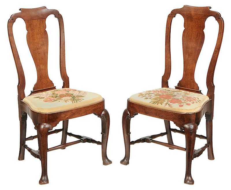 Appraisal: Pair Queen Anne Walnut Side Chairs British th century needlepoint