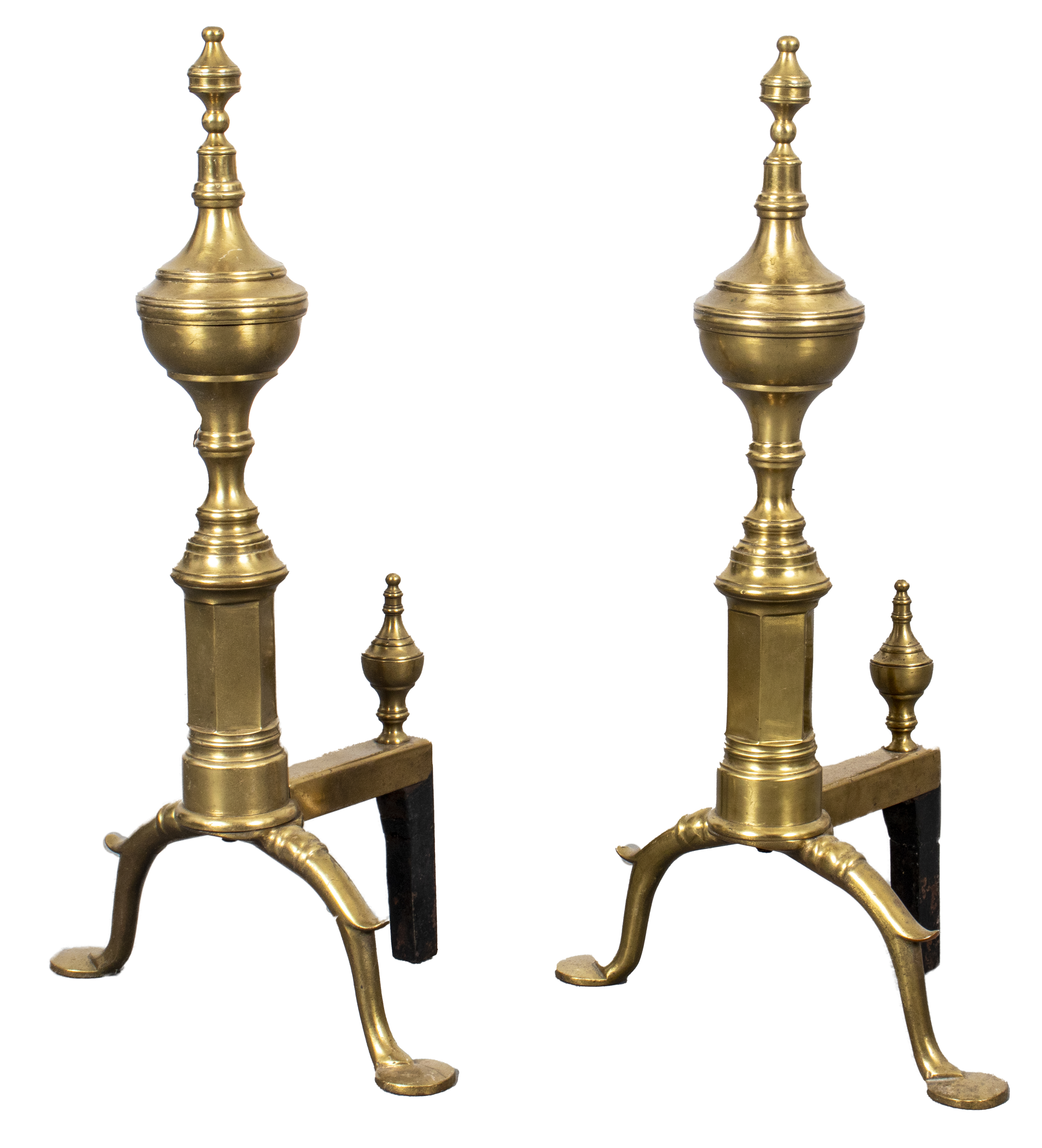 Appraisal: BRASS ANDIRONS PAIR Pair of brass andirons with tall finial